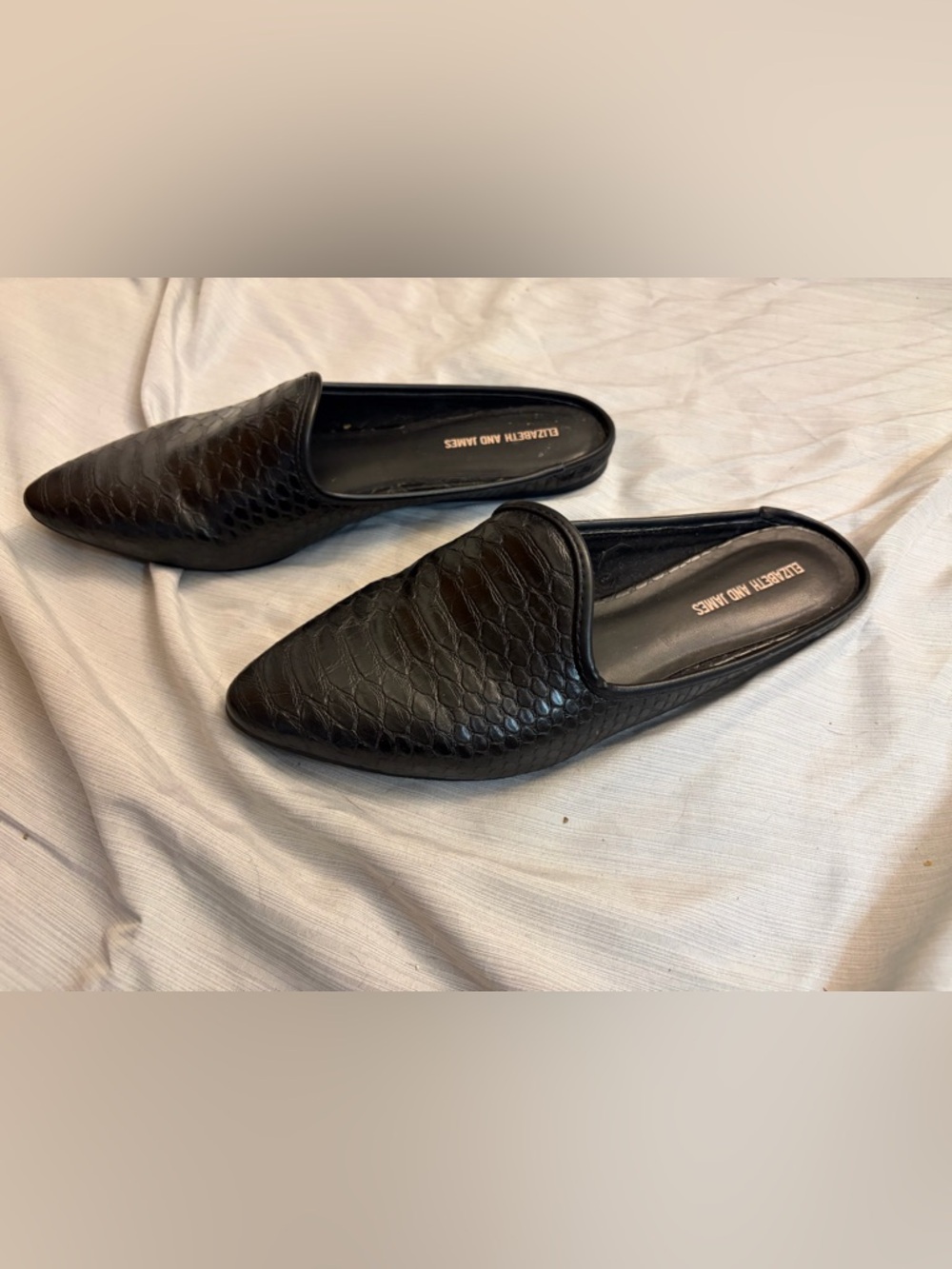 Elizabeth and James Allium black python slip on mule